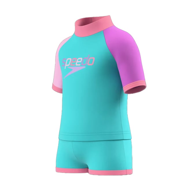 Ensemble de bain anti-irritation manches courtes raglan contrastées turquoise vif / rose / violet <span itemprop=
