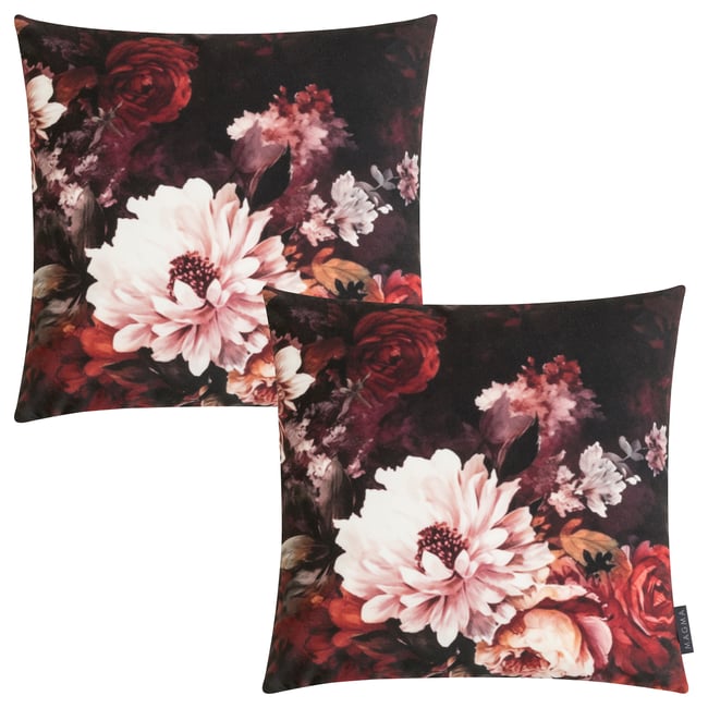 Lot de 2 housses de coussin imprimé floral microfibre FELICITY bordeaux, rose et noir <span itemprop=
