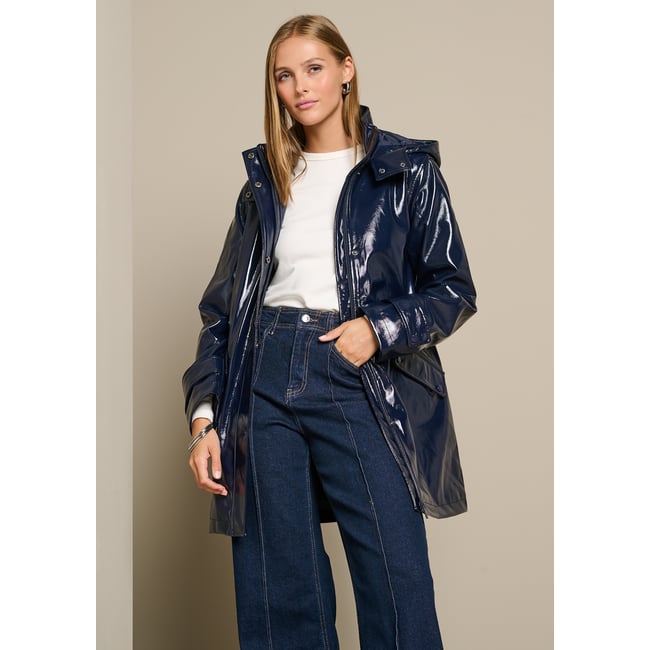 Parka vinyle matelassée à capuche bleu marine <span itemprop=
