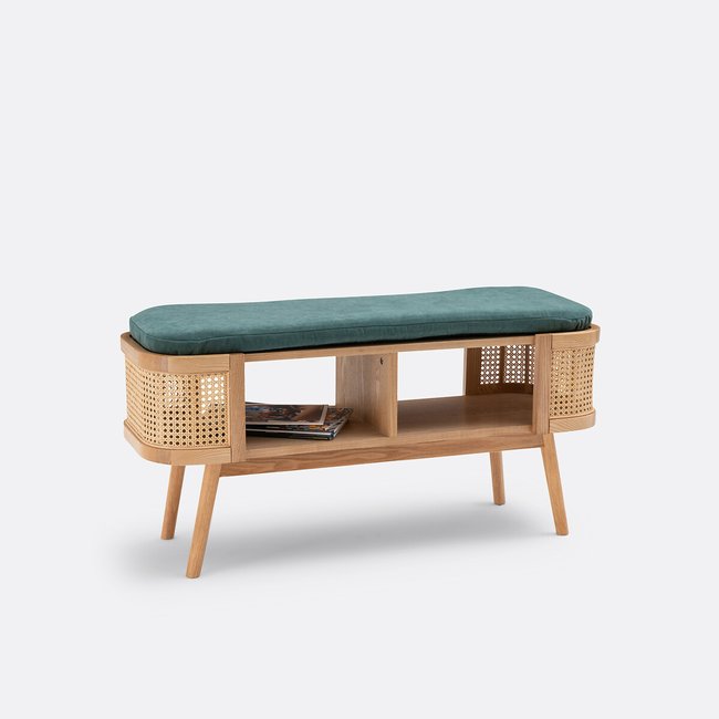 Banc bout de lit rangement avec cannage Laora Couleur chêne/vert <span itemprop=