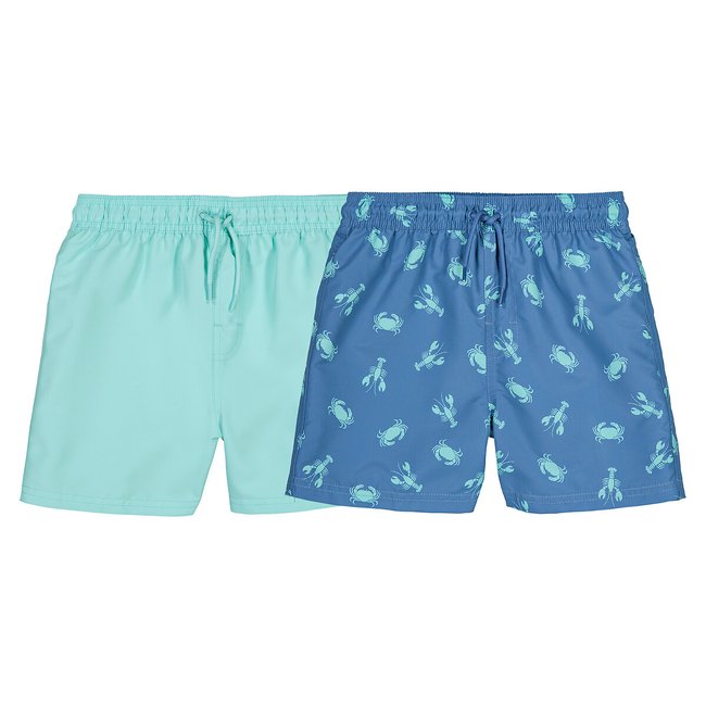 2er-Pack Badeshorts, 1 bedruckt + 1 uni blau bedruckt + türkis <span itemprop=