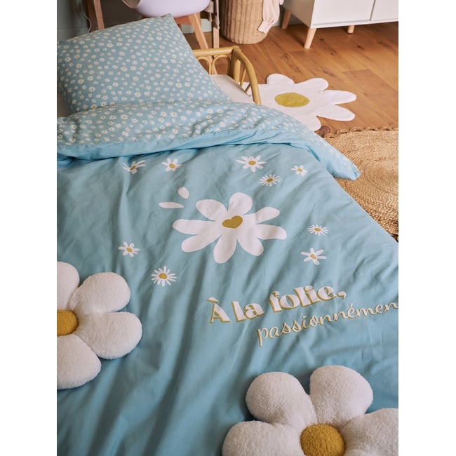 Parure housse de couette et taie d'oreiller MARGUERITE bleu imprimé <span itemprop=