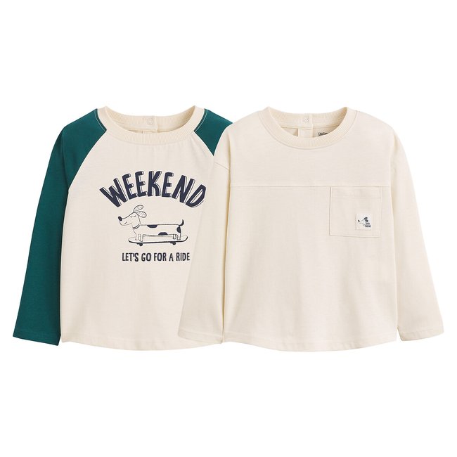 Pack of 2 T-Shirts in Cotton with Long Sleeves, ecru, LA REDOUTE COLLECTIONS