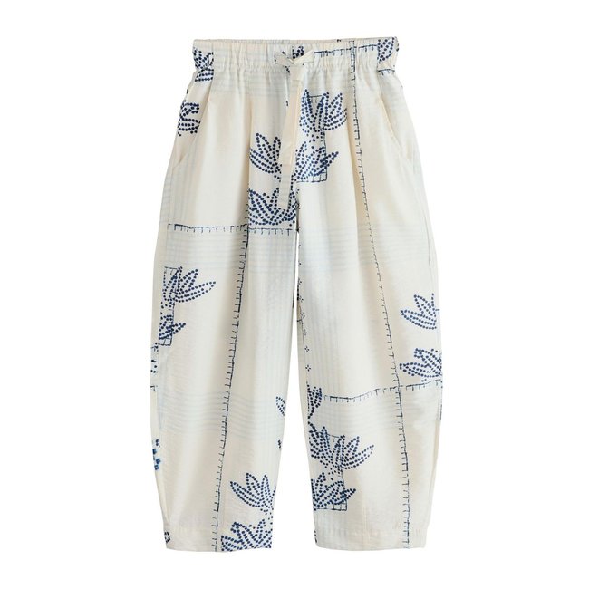 Pantalon barrel avec lin imprimé palmier écru/marine <span itemprop=