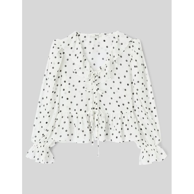 Blouse à volants motif pois blanc écru <span itemprop=