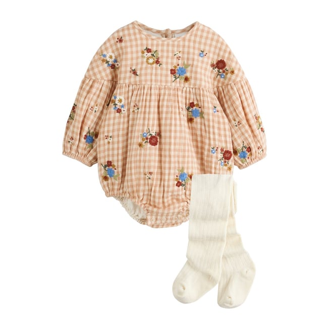 Barboteuse bébé bouffante et collants, 2 pcs broderie à carreaux marron et crème <span itemprop=