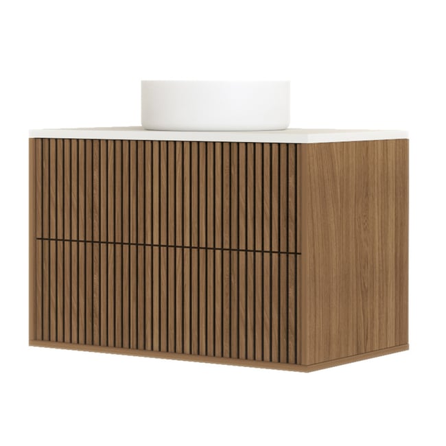 Meuble de salle de bain suspendu avec façade crantée, plan de toilette et vasque(s) à poser Couleur naturel <span itemprop=