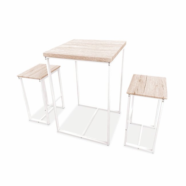 Table haute carrée acier et effet bois + 2 tabourets de bar LOFT Couleur blanc <span itemprop=