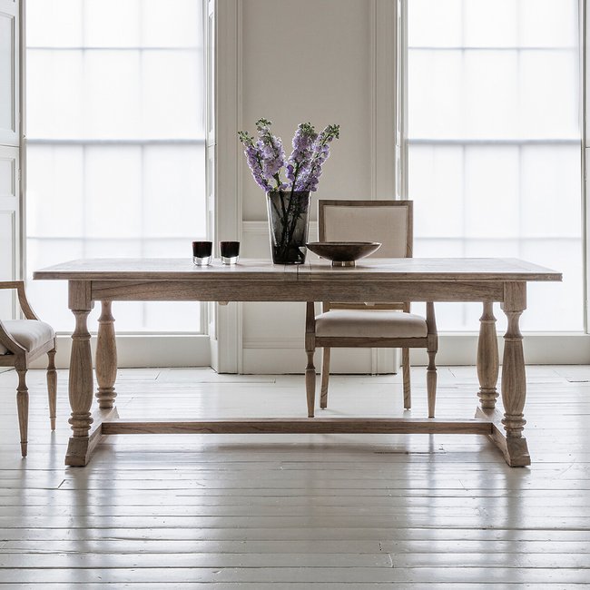 Nashik Ash Wood Parquet Extendable Trestle Dining Table (Seats 6-8), natural, SO'HOME