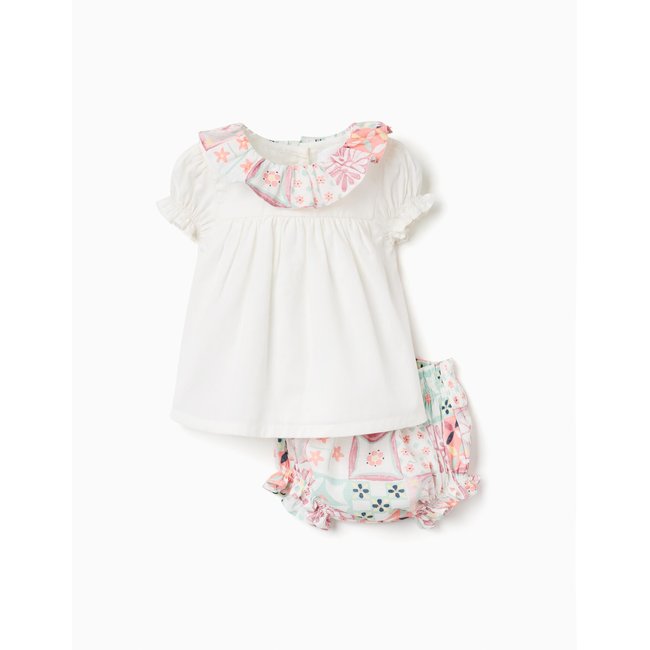 Blouse en coton + bloomer avec motif mosaïque blanc <span itemprop=