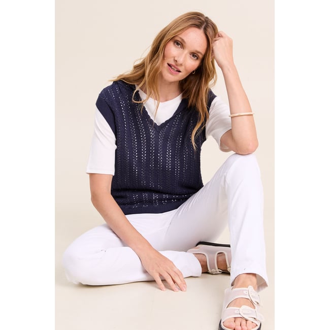 Pull droit sans manches à capuche bleu marine <span itemprop=