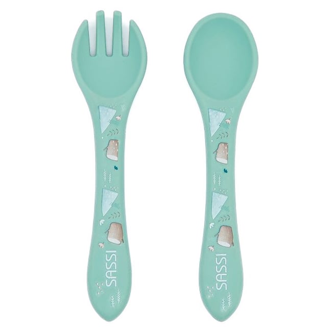 Set fourchette et cuillère en silicone ANIMAUX menthe <span itemprop=