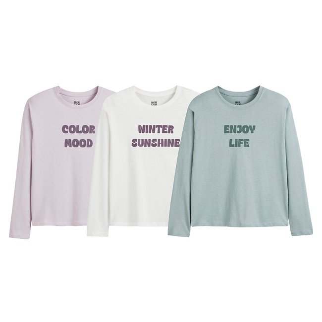 Confezione da 3 T-shirt maniche lunghe con scritta azzurro + parma + ecrù LA REDOUTE COLLECTIONS