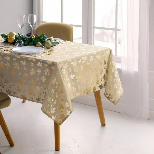 Nappe Rectangulaire 150x300 Imprimé Doré Pomme De Pin beige <span itemprop=