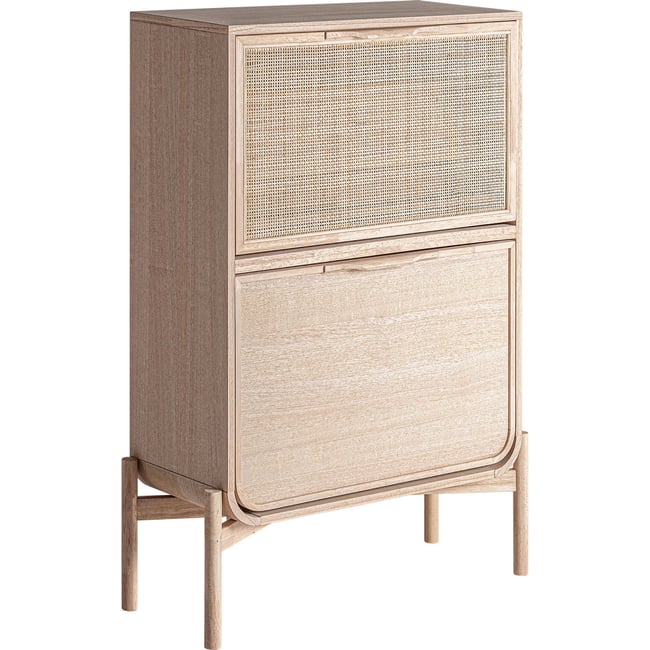Meuble à chaussures en bois et cannage Couleur bois clair naturel et cannage beige <span itemprop=