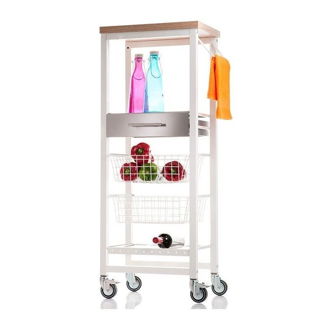 Chariot de cuisine ONDA ALTO – Meuble d'appoint avec 2 paniers, tiroir, porte-bouteilles et roulettes professionnelles Couleur blanc <span itemprop=