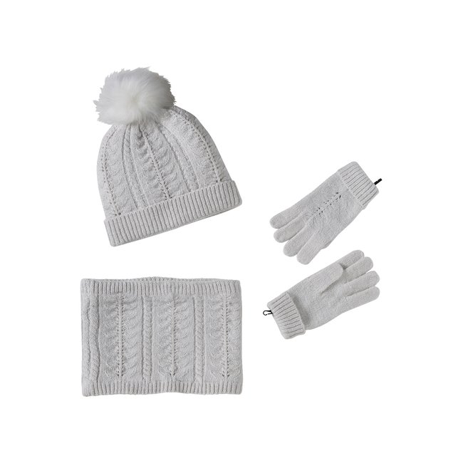 Ensemble bonnet + snood + gants ou moufles en maille torsadée écru <span itemprop=