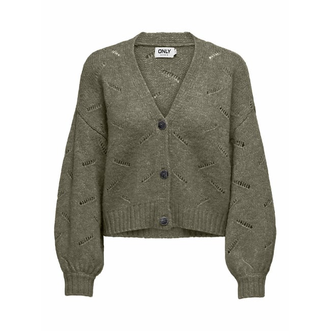 Gilet col V, maille ajourée kaki <span itemprop=