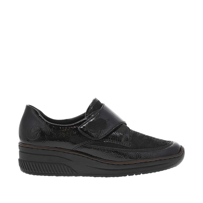 Sneakers noires vernies à talon compensé bas et à bande auto-agrippante - RIEKER