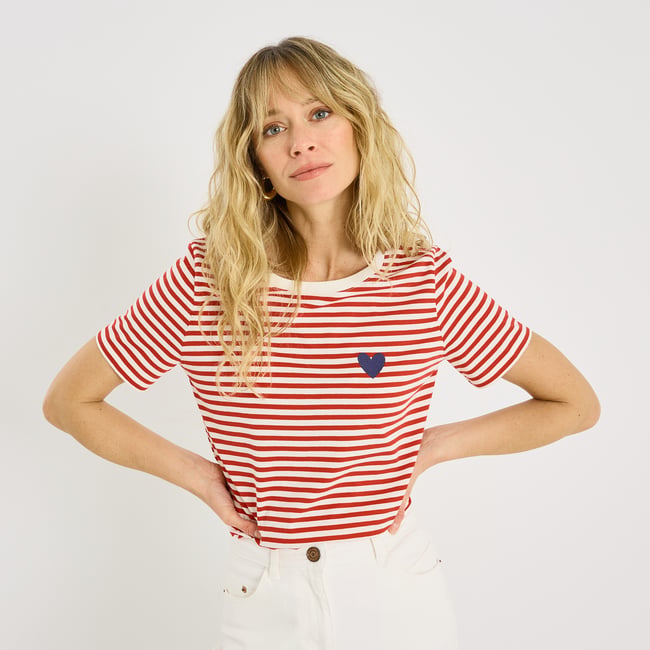 T-shirt rayé cœur brodé orange rouge <span itemprop=