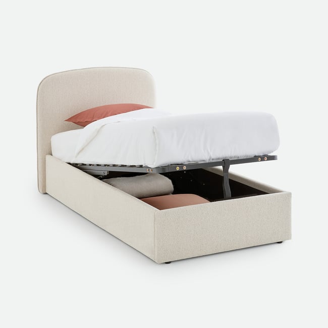 Lit coffre avec sommier relevable, tissu bouclette, CONTO Couleur ecru <span itemprop=