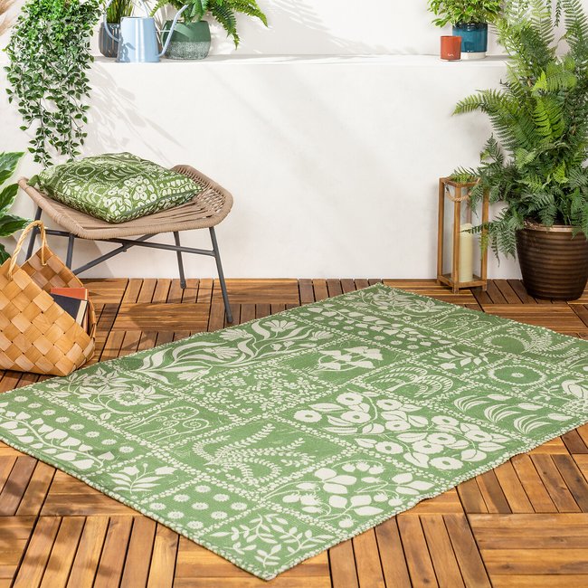 Forage Garden Motif Washable Digitally Printed Indoor/Outdoor Rug, sage green, FURN.