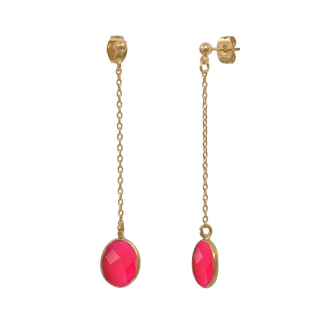 Boucles d'oreilles longues onyx rose dorées - serti petit modele rose <span itemprop=