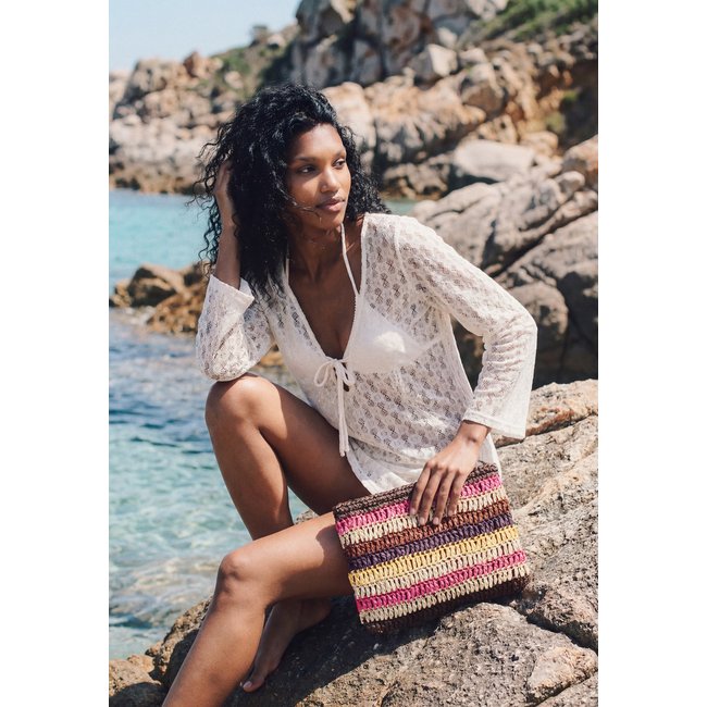 Pochette en raphia à rayures NAOMI imp fd blanc <span itemprop=