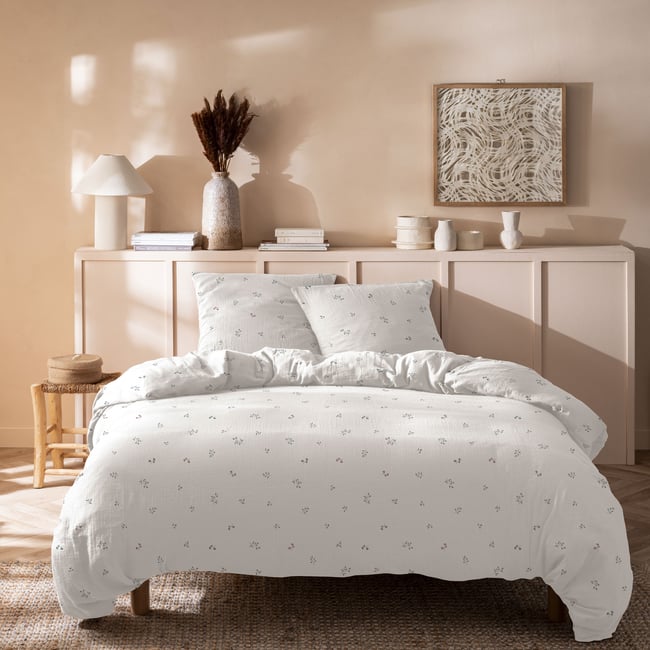 Parure de lit imprimée en gaze de coton, FLEURETTES rose/lichen <span itemprop=