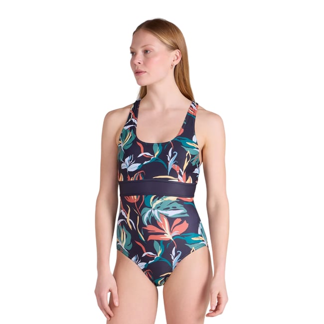 Maillot de bain 1 pièce motif/style fleurs YAMBA bleu sarcelle <span itemprop=