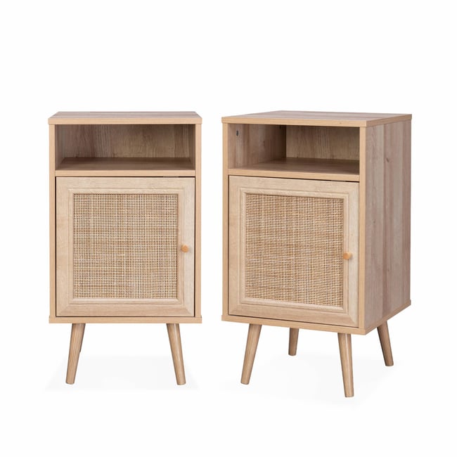 Table de chevet scandinave en cannage 1 porte (lot de 2) BOHÈME - SWEEEK