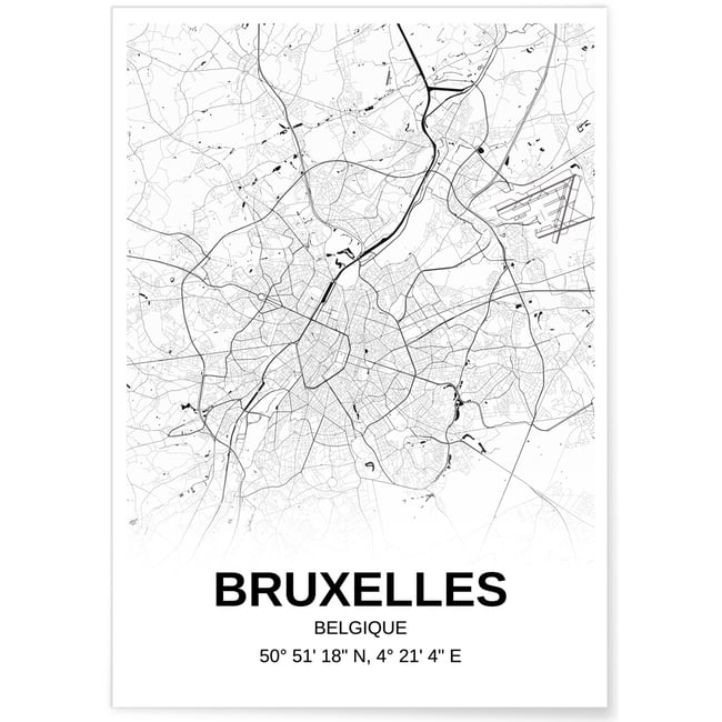 Affiche carte Bruxelles - rectangle Noir et Blanc Couleur blanc <span itemprop=