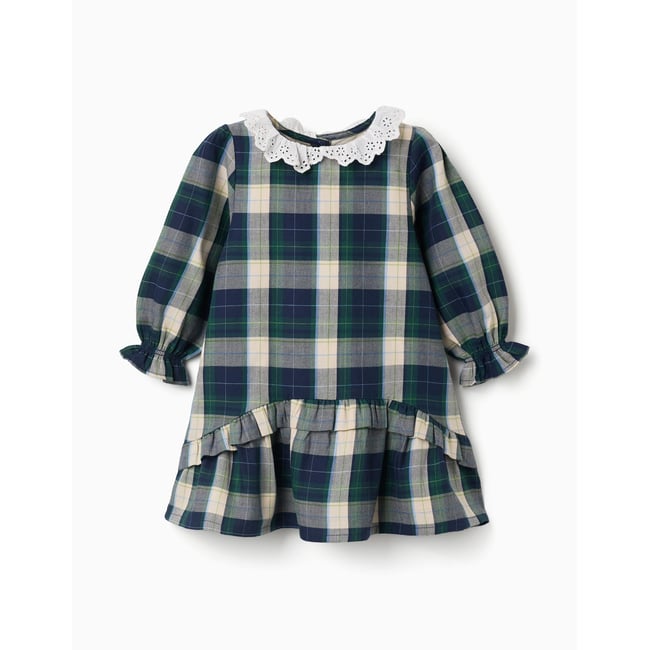Robe en coton à carreaux avec volants B&S bleu foncé <span itemprop=
