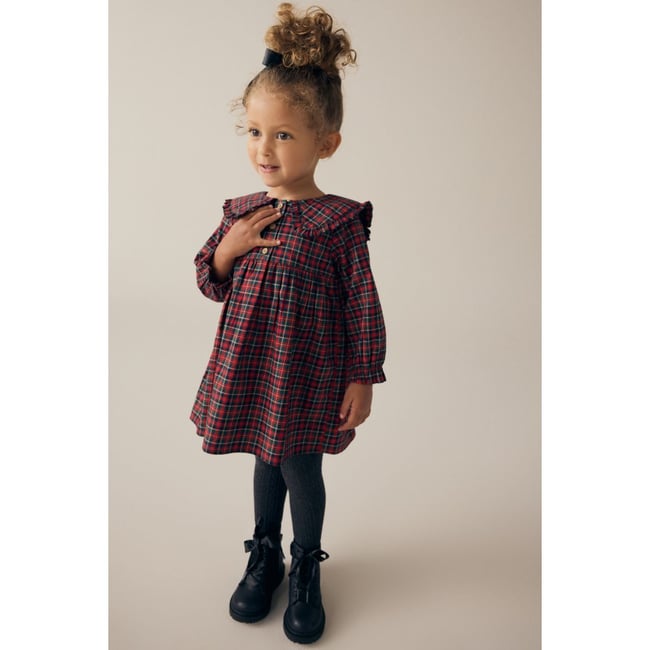Robe à col et manches longues motif écossais rouge <span itemprop=
