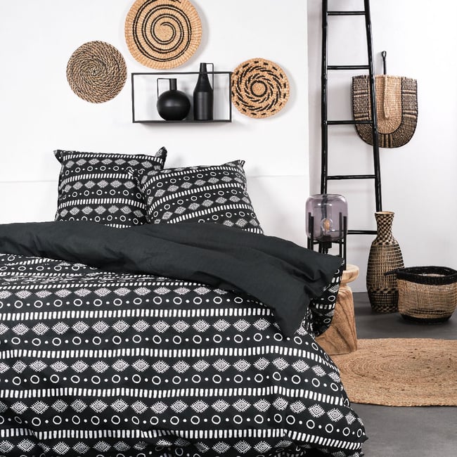 Parure de lit imprimé Ethnique coton SUNSHINE SALY noir <span itemprop=