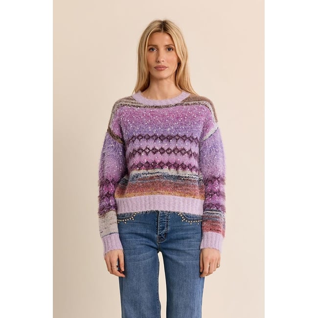 Pull girocollo con stampa tie-dye e dettagli in paillettes malva MOLLY BRACKEN