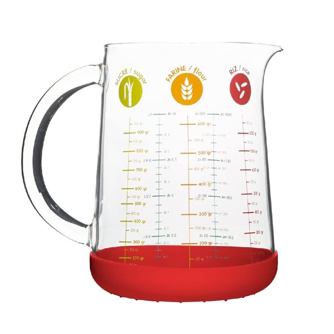 Pichet doseur 1 L en verre et silicone rouge transparent <span itemprop=