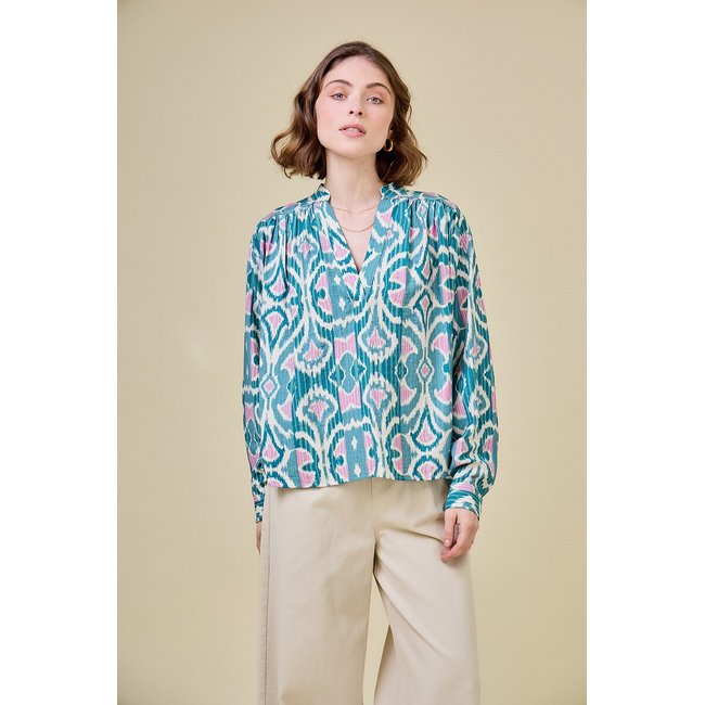 Blusa estampada, manga larga y cuello de pico estampado verde <span itemprop=