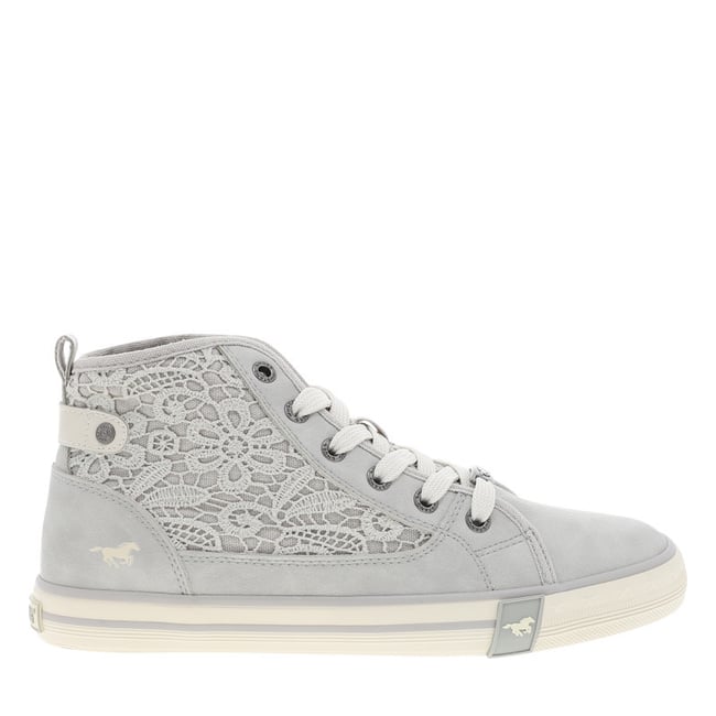 Tennis toile montante grises avec un talon plat et des lacets blancs gris <span itemprop=