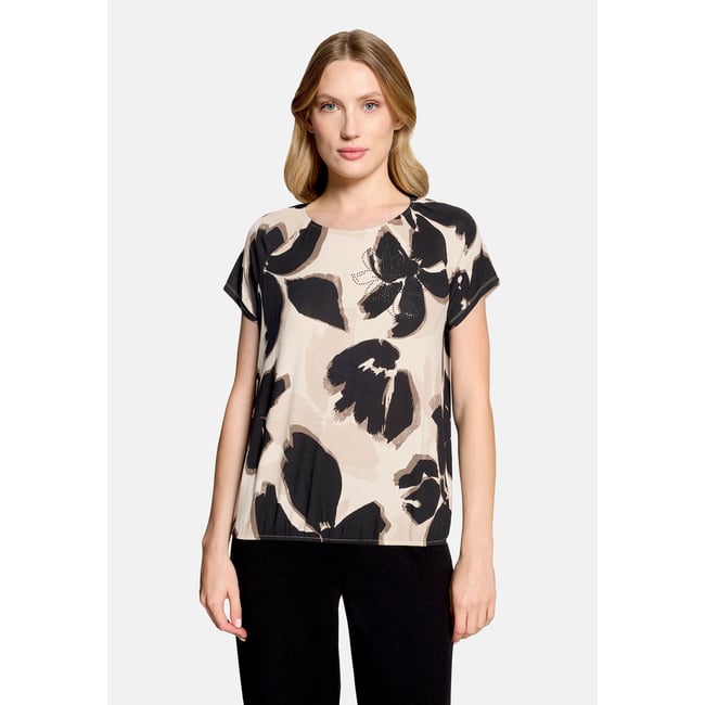 Haut imprimé à élastique beige/noir <span itemprop=