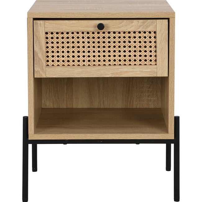Table de chevet 1 tiroir en cannage et effet chêne - IRIS Couleur naturel <span itemprop=