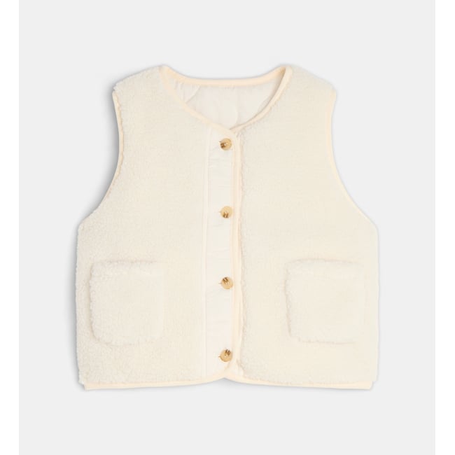 Veste sans manches toudou réversible façon sherpa écru et beige <span itemprop=