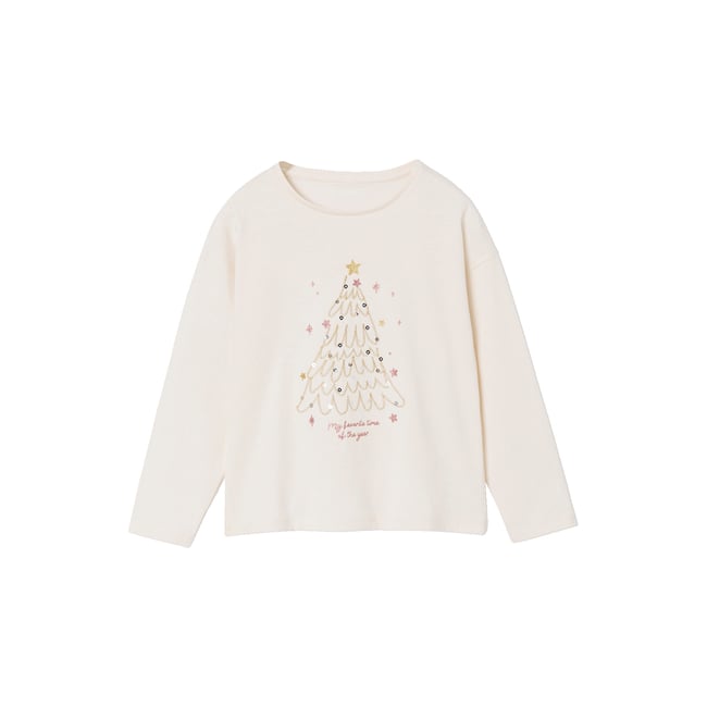 Tee-shirt noël motif sapin brillant manches longues écru <span itemprop=