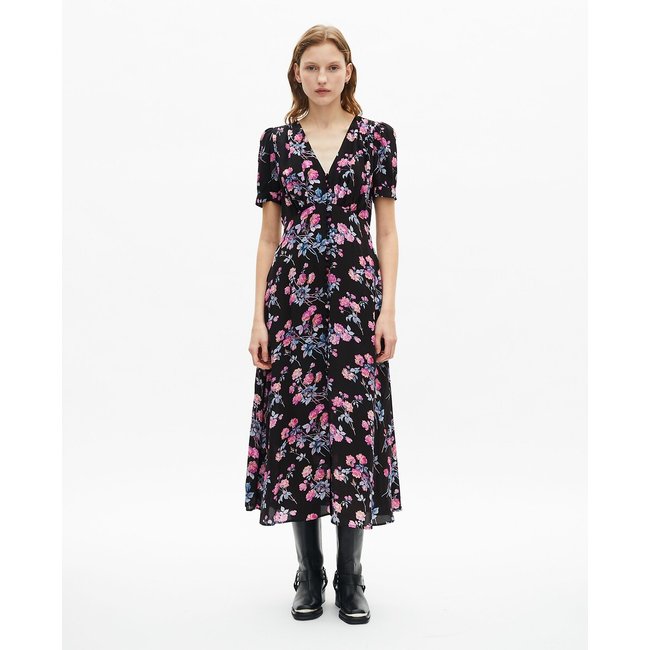Midikleid mit V-Ausschnitt, kurzen Ärmeln und Blumendruck schwarz/rosa <span itemprop=