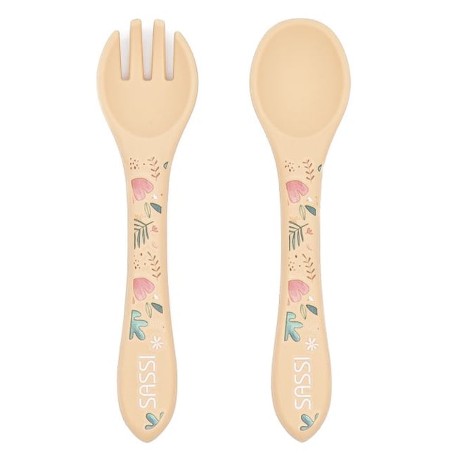 Set fourchette et cuillère en silicone ANIMAUX beige <span itemprop=