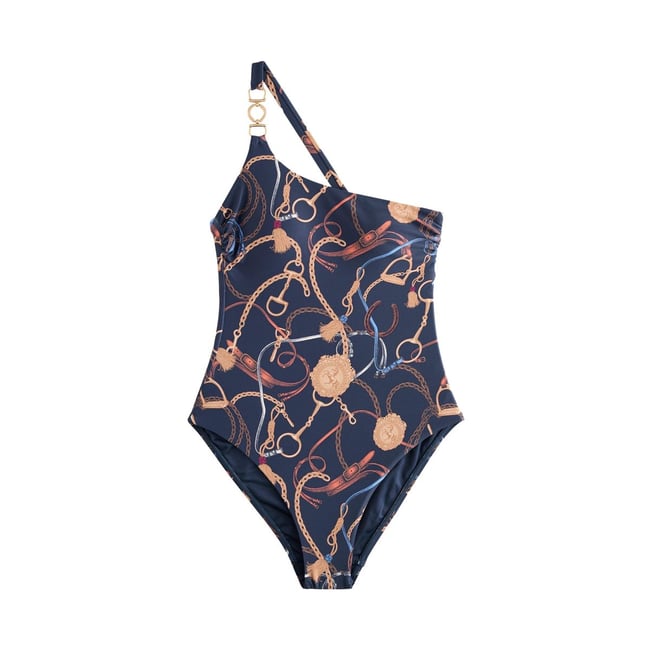 Maillot de bain asymétrique à fini métallique imprimé équestre <span itemprop=