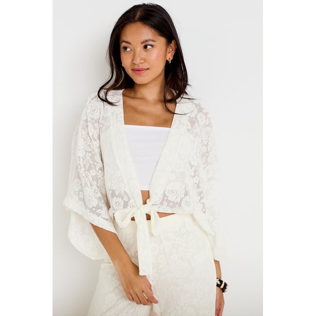 Kimono oversize ajouré ecru <span itemprop=