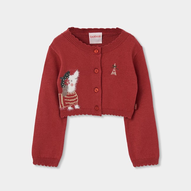 Gilet fille en maille avec imprimé chien rouge <span itemprop=
