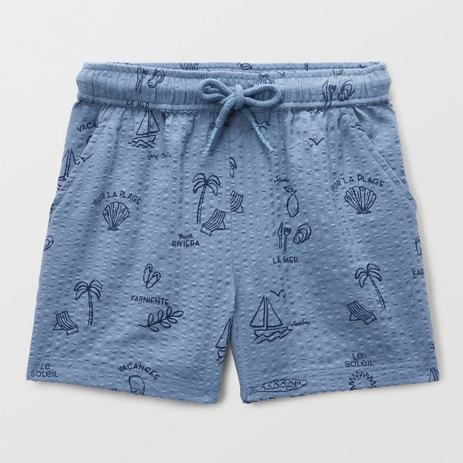 Short élastiqué en seersucker imprimé en coton BIO GOTS tornade <span itemprop=