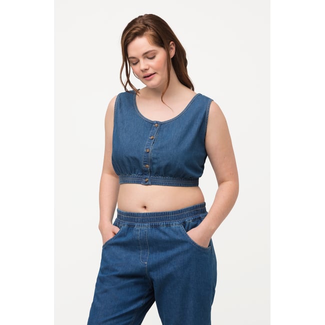Bustier en coton bio, aspect jean. Col rond. bleu jean <span itemprop=